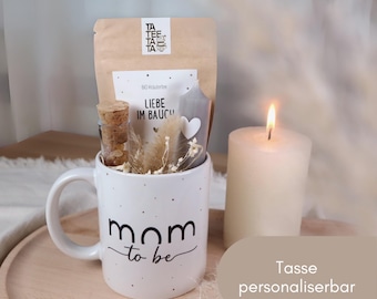 Geschenkset Mom to be – personalisierte Tasse mit Tee, Kerze & Trockenblumen | Geschenk werdende Mama | Teegeschenk Set Schwangerschaft