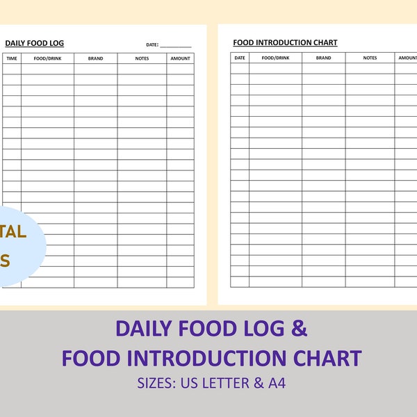 Daily food log and food introduction chart with space for brand names. Food allergy food tracking journal