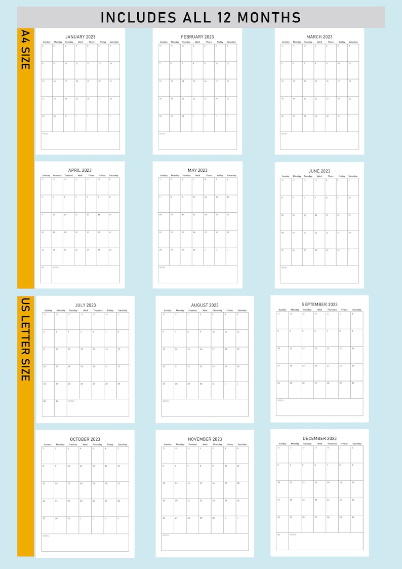 Printable 2023 Monthly Calendar Portrait Orientation Simple Etsy