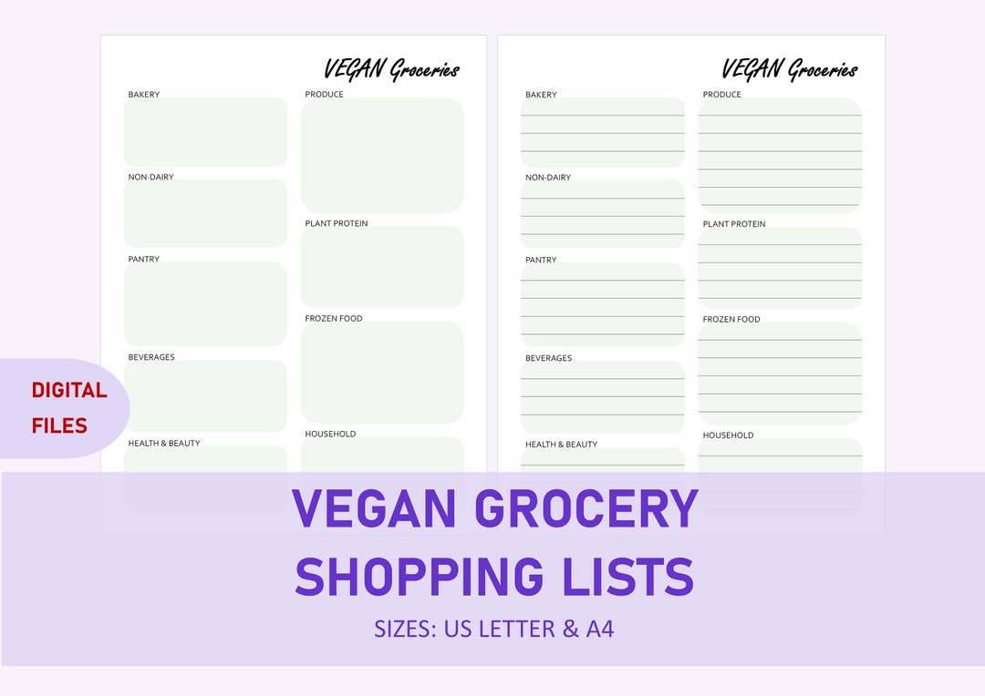 VEGAN Grocery Shopping List Lined and Unlined Printable Etsy