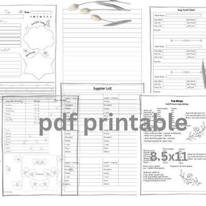 May include: A collection of printable soap-making planner pages, including a soap recipe sheet, supplier list, and curing sheet. The pages are in black and white, with floral illustrations and the text "pdf printable" overlaid on the image.