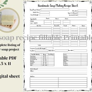Fillable Printable Blank Soap Recipe Sheet/Soap Making recipe planner/Letter 8.5 x 11/Print at home/Recipe listing for handmade soap making