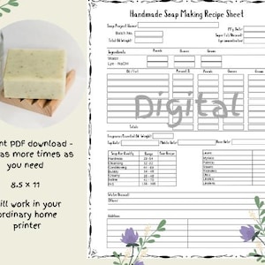 Printable blank soap recipe sheet, soap making recipe sheets, soap maker planner, soap making guide, 8.5 x 11  letter size, print at home