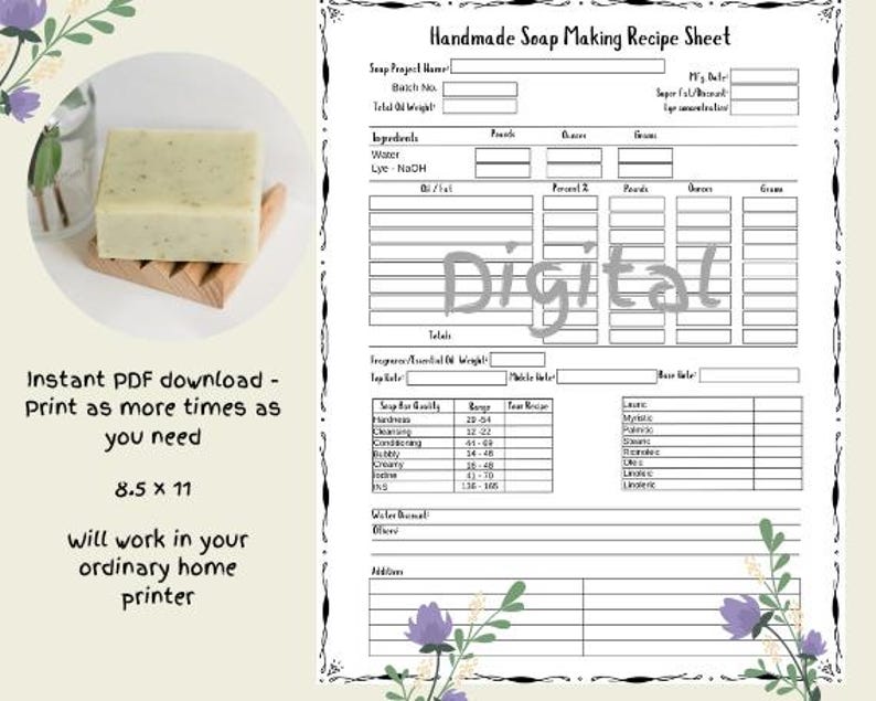 Soap Making Recipe Planner Sheet, Logbook, Notebook, Journal. Worksheet 8.5x11 Printable (PDF ...