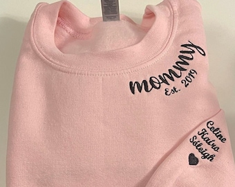 Mommy Established Embroidered Sweatshirt, Custom Mama Shirt With Kids' Names, Pregnancy Reveal Crewneck, Gift for New Mom, Mother's Day Gift