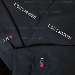 Custom Embroidered Roman numeral hoodie, roman numeral hoodie, Date + Initial and heart On Sleeve, Anniversary gift for her or him