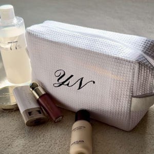 Classic Monogrammed Waffle Cosmetic Bag – Personalized Makeup Bag – Travel Toiletry Pouch – Bridesmaid Gift – White Cosmetic Bag