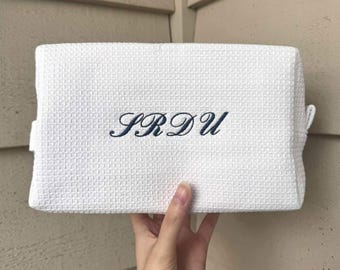 Classic Monogrammed Waffle Cosmetic Bag – Personalized Makeup Bag – Travel Toiletry Pouch – Bridesmaid Gift – White Cosmetic Bag