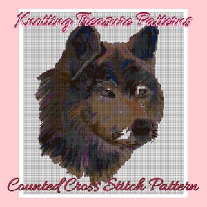 May include: A counted cross stitch pattern depicting a wolf's head, rendered in shades of brown, black, and purple. The text "Knitting Treasure Patterns" and "Counted Cross Stitch Pattern" are displayed. The design is set against a grid background.