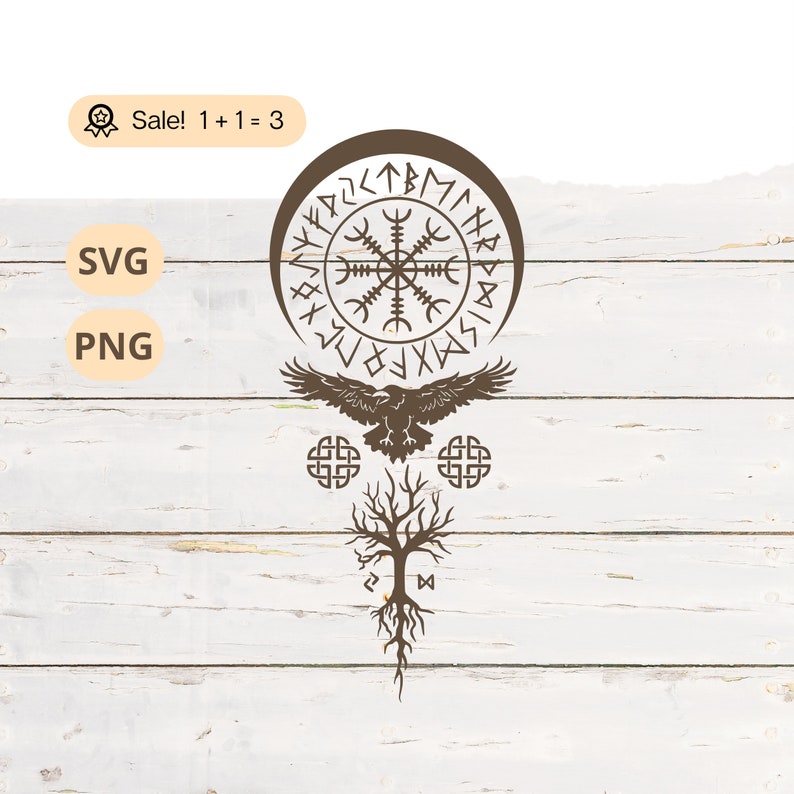 May include: A black and white illustration of a raven flying over a tree with roots and a circle with runes and a compass inside. The circle is surrounded by a crescent moon. There are two Celtic knots on either side of the tree.