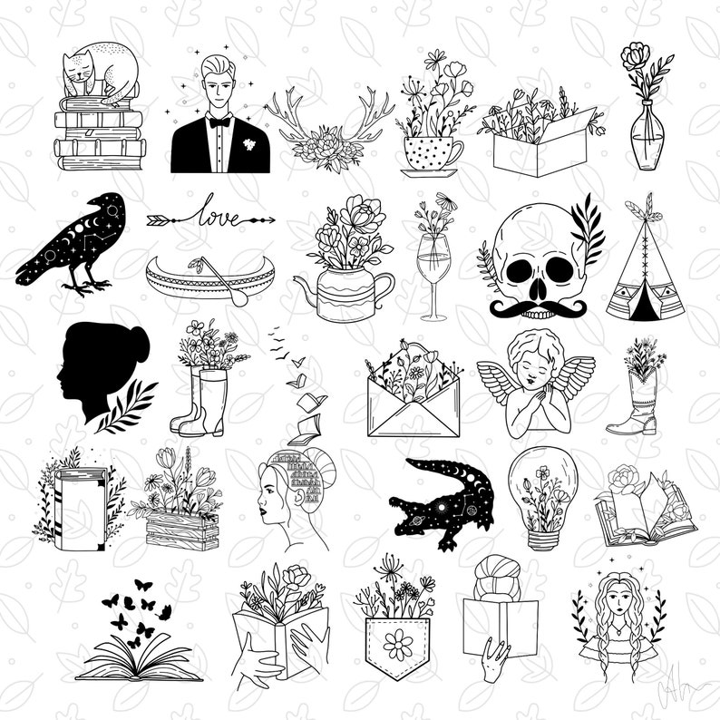 May include: A collection of black and white line art illustrations. The images include a cat on books, a man in a tuxedo, antlers with flowers, flowers in a teacup, a crow, a canoe, a skull, a teepee, a silhouette of a woman, and more.