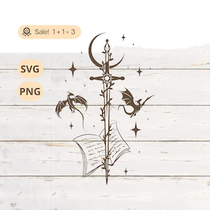 Épée et dragons SVG PNG, Svg Dragon, Dragon volant svg, svg mystique, svg céleste, épée svg, Svg magique, tatouage de Dragon, des cliparts, chemise