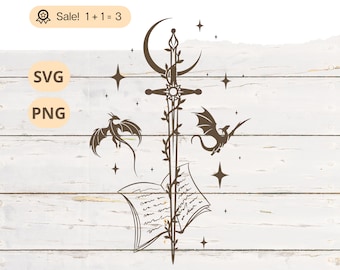 Sword and Dragons SVG PNG, Dragon Svg, Flying Dragon svg, Mystical svg, Celestial svg, Sword svg, Magic Svg, Dragon Tattoo, Clipart, Shirt