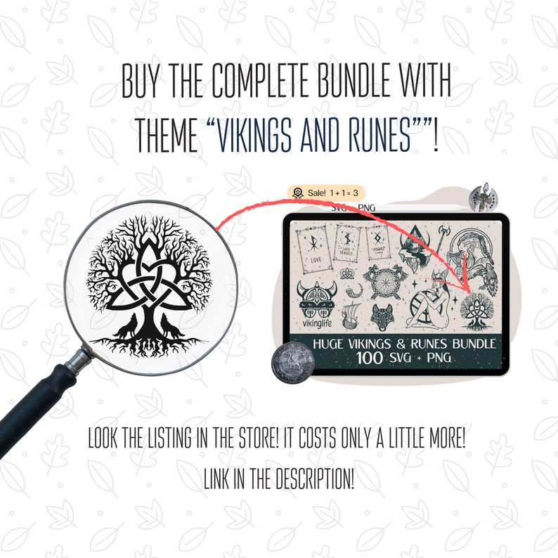 May include: A digital illustration of a Viking tree of life with two wolves at the base of the tree. The image is part of a larger bundle of 100 SVG and PNG files themed "Vikings and Runes".