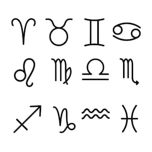 May include: Black and white line art illustrations of the 12 zodiac signs: Aries, Taurus, Gemini, Cancer, Leo, Virgo, Libra, Scorpio, Sagittarius, Capricorn, Aquarius, and Pisces.