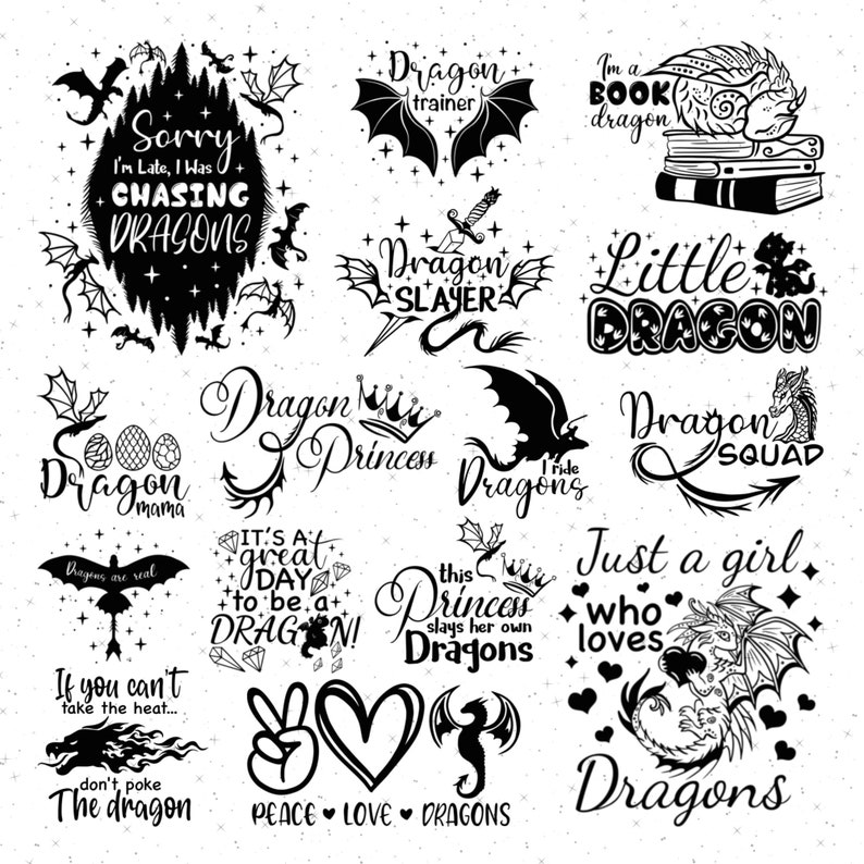 Op de afbeelding: Zwart-witte illustraties van draken met verschillende tekstoverlays. Sommige van de teksten omvatten "Dragon Mama", "Dragon Princess", "Dragon Slayer", "Ik ben een boekendraak", "Kleine draak", "Dragon Squad", "Gewoon een meisje dat van draken houdt", "Peace Love Dragons", en "Het is een geweldige dag om een draak te zijn!"