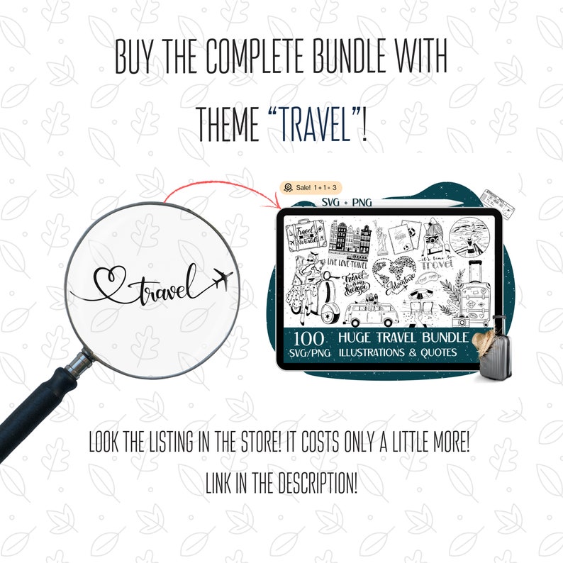 Puede incluir: Una ilustraci&oacute;n digital de un paquete tem&aacute;tico de viajes con 100 ilustraciones y citas SVG y PNG. La imagen incluye una lupa con la palabra "viaje" dentro, una tableta que muestra las ilustraciones y el texto "100 HUGE TRAVEL BUNDLE SVG/PNG ILLUSTRATIONS & QUOTES".