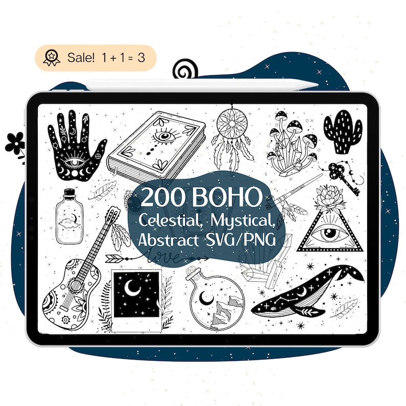 Pu&ograve; includere: Illustrazione digitale con 200 grafiche SVG e PNG a tema Boho. I disegni in bianco e nero includono elementi celesti e mistici come una mano con un occhio, un libro, un acchiappasogni, una chitarra e una balena. Il testo recita "Sale! 1+1=3".