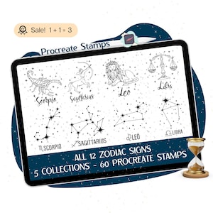 Znaki zodiaku Procreate STAMPS, 60 ZNACZKÓW Zodiakalnych, Pędzle Zodiak Procreate, Wzory Zodiakalne, Gwiazdozbiór Zodiakalny, ZNACZKI Niebiańskie, Horoskop