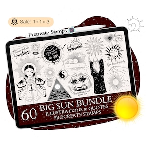 Può includere: Un'illustrazione digitale di 60 illustrazioni e timbri di sole e citazioni per Procreate. Le illustrazioni sono in bianco e nero e presentano una varietà di design di sole, tra cui un sole con un viso, un sole con raggi e un sole con un alone. Le citazioni includono frasi come "Stai calmo e goditi il sole" e "Le giornate di sole sono le mie preferite".