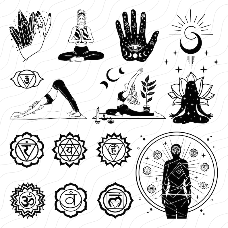 Pu&ograve; includere: Illustrazioni in bianco e nero di pose yoga, chakra e simboli spirituali. I simboli includono la mano di Hamsa, un fiore di loto e una luna crescente. I chakra sono rappresentati da simboli circolari con testo sanscrito.