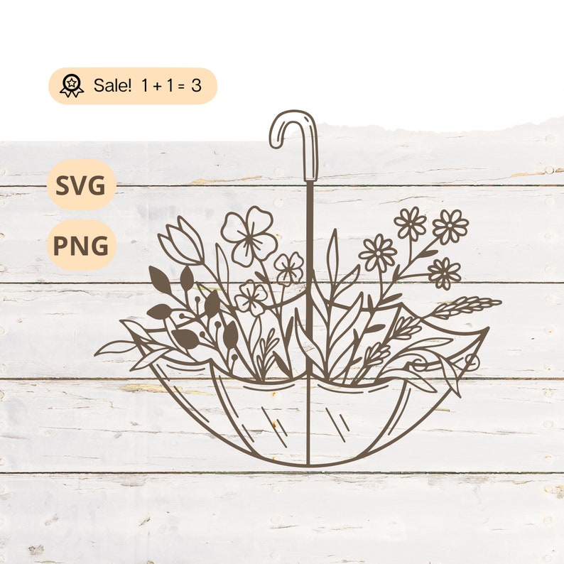 May include: A black and white line drawing of an umbrella with a variety of flowers and leaves inside. The umbrella is open and the flowers are arranged in a symmetrical pattern.