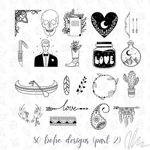 Pu&ograve; includere: Una collezione di 20 disegni boho in bianco e nero, tra cui un teschio, un cuore con una luna crescente, arco e frecce, una canoa, una piuma, un cactus e la parola "love". Il testo "80 boho designs (part 2)" &egrave; in basso.