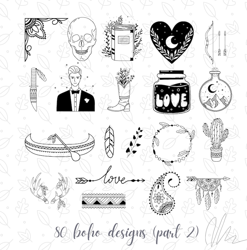 Pu&ograve; includere: Una collezione di 20 disegni boho in bianco e nero, tra cui un teschio, un cuore con una luna crescente, arco e frecce, una canoa, una piuma, un cactus e la parola "love". Il testo "80 boho designs (part 2)" &egrave; in basso.