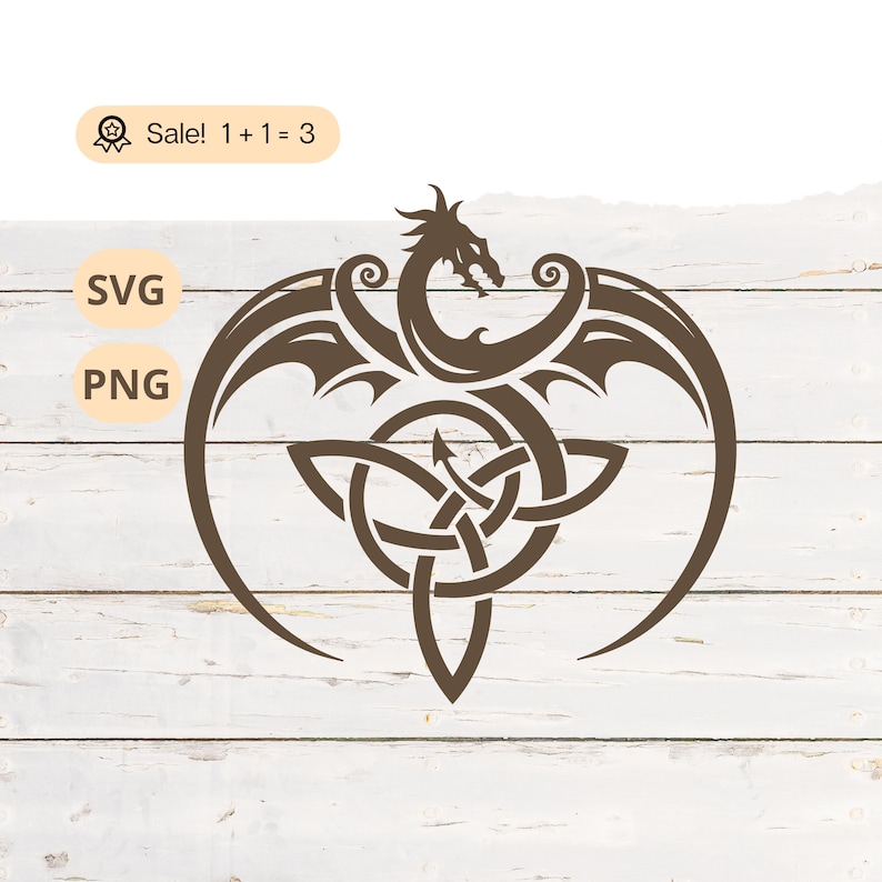 May include: A brown silhouette of a dragon with wings wrapped around a Celtic knot. The dragon's head is facing the right side of the image.