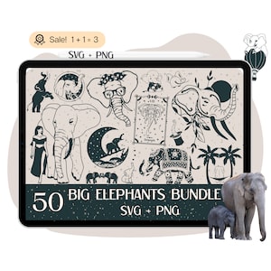 Paquete de 50 grandes elefantes SVG, elefante SVG, archivo de elefante para Cricut, safari svg, animal svg, bebé elefante PNG, camiseta, clipart, silueta
