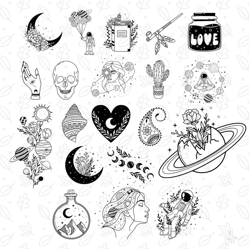 May include: A collection of black and white line art illustrations featuring celestial and botanical themes. Designs include a crescent moon, planets, an astronaut, a skull, a heart, a woman's face, and a jar with the word "LOVE".