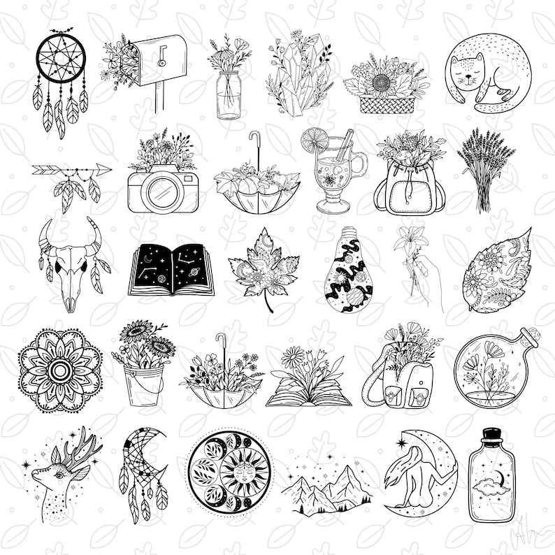 May include: Black and white line art illustrations of various bohemian and nature-themed objects. Includes a dreamcatcher, flowers, a camera, a cat, a deer, a book, and a lightbulb.