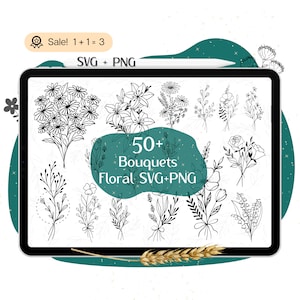 50 bouquet de fleurs Svg Bundle dessiné à la main, fichier SVG de fleurs sauvages pour Cricut, botanique SVG, fichier de coupe Floral, Cricut Clipart Png, usage Commercial