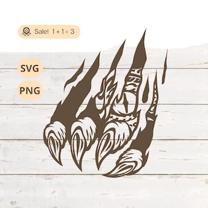 May include: A brown silhouette of a claw with sharp points, appearing to tear through a surface. The claw is detailed with lines and a central eye.