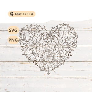 Coração de girassol SVG PNG, Sun Svg, Girassol Svg, Wildflower Svg, Coração svg, Arquivo de girassol para Cricut, Tatuagem de coração de flor, Camisa, Clipart
