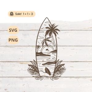 Surfboard with Beach Scene SVG PNG, Beach svg, Surfing SVG, Beach Life svg, Hawaiian svg, Surfboard file for Cricut Tattoo, Clipart, Shirt
