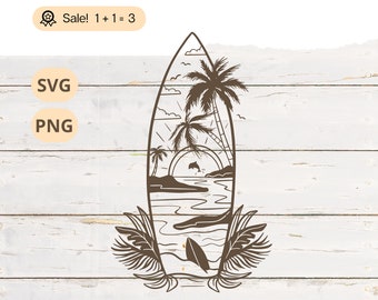 Surfboard Beach Scene SVG PNG, Hawaiian Design (Digital Download)