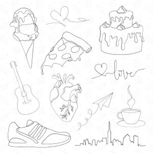 May include: Line art illustration of various objects including a heart, ice cream cone, pizza slice, cake, guitar, running shoe, coffee cup, paper airplane, and a city skyline. The word "love" is written in cursive.