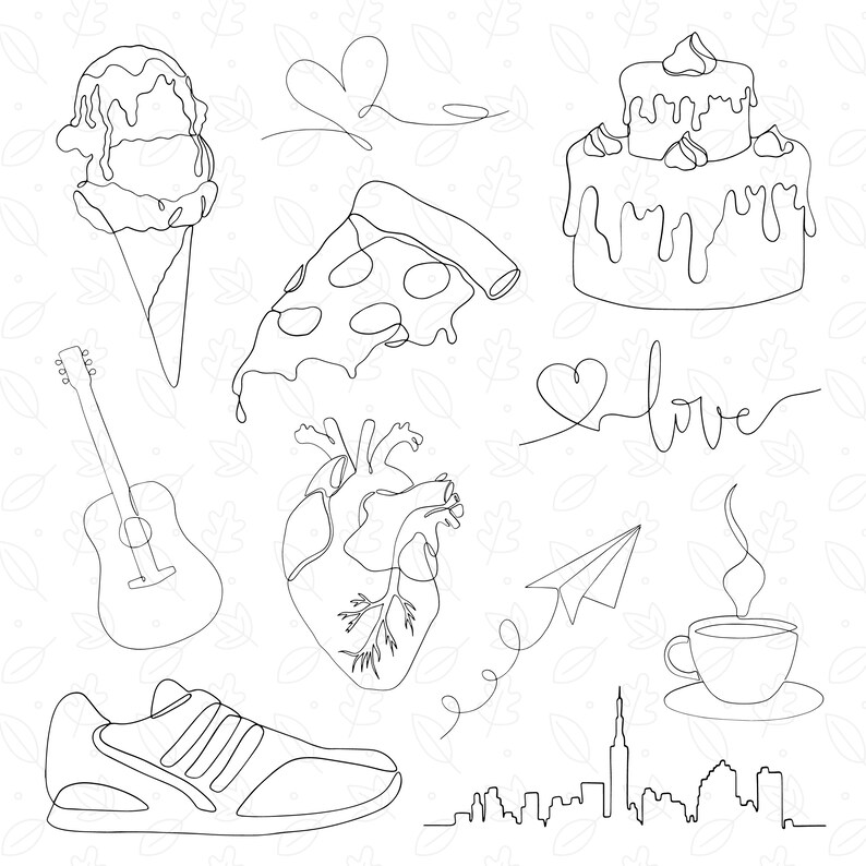 May include: Line art illustration of various objects including a heart, ice cream cone, pizza slice, cake, guitar, running shoe, coffee cup, paper airplane, and a city skyline. The word "love" is written in cursive.