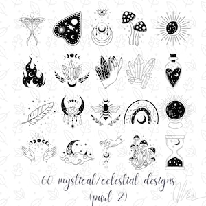 Pu&ograve; includere: Disegni mistici e celesti in bianco e nero, tra cui una falena, una tavola Ouija, funghi, un sole con una luna crescente, cristalli, una piuma, un'ape, un arcobaleno, una sfera di cristallo e una clessidra. Testo: "60 disegni mistici/celesti (parte 2)".