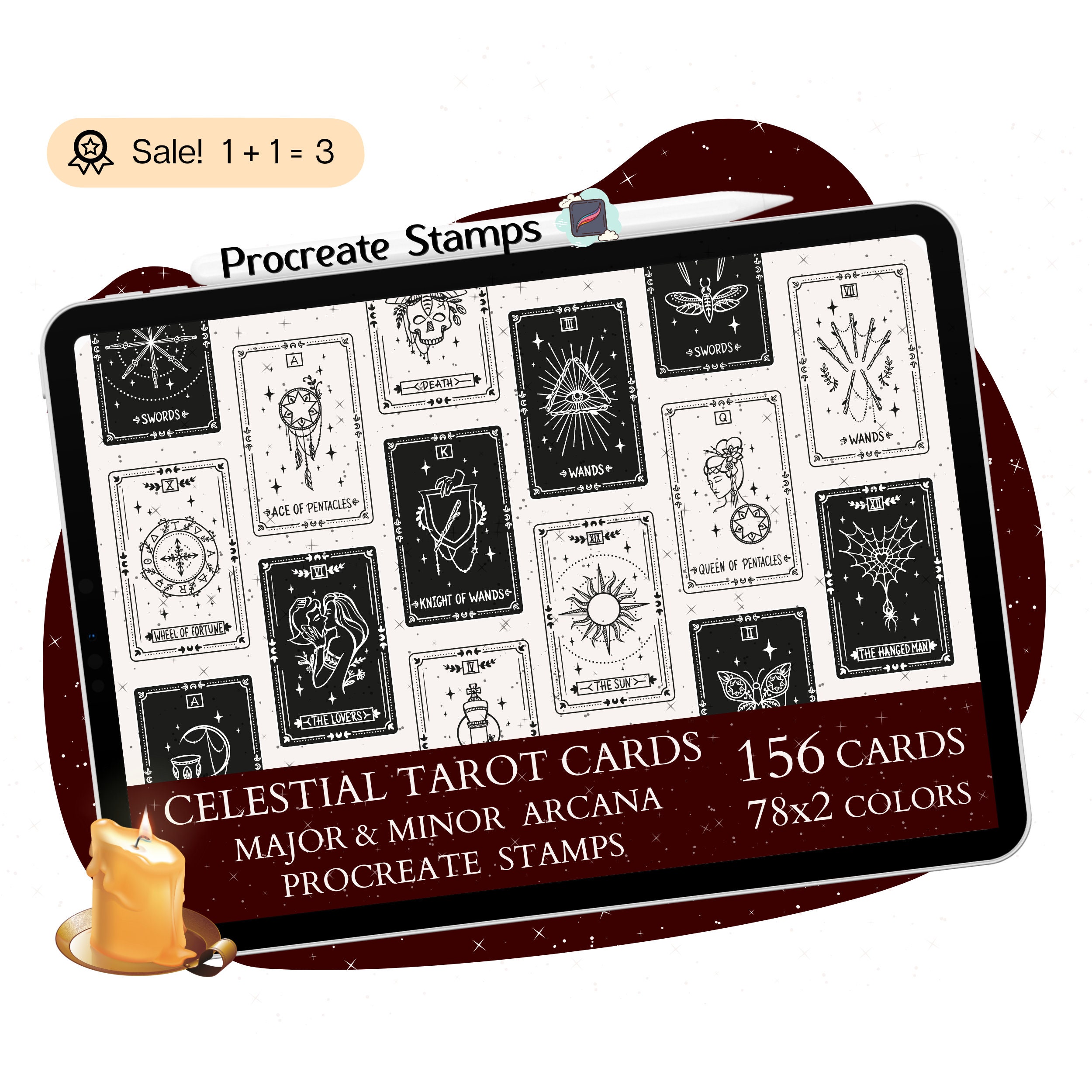 156 Sellos y Pinceles Procreate Tarot Celestial | Arcanos Mayores y Menores Set Doodle Tatuaje Witchy