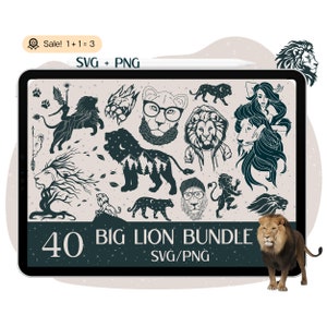 40 ロイヤル ライオン SVG バンドル、ライオン SVG、Cricut 用ライオン ファイル、ライオン キング SVG、ゾディアック SVG、雌ライオン PNG T シャツ シルエット クリップアート 商用利用