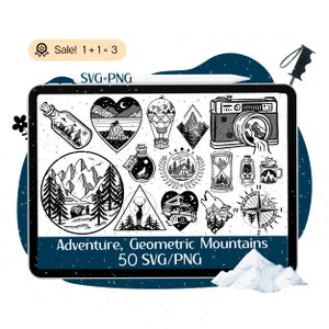 Geometrische Berge SVG Bundle, 50 Berge SVG, Abenteuer Datei für Cricut, Camping SVG, Erkunden Sie Schnittdatei, Outdoor Silhouette Png Clipart
