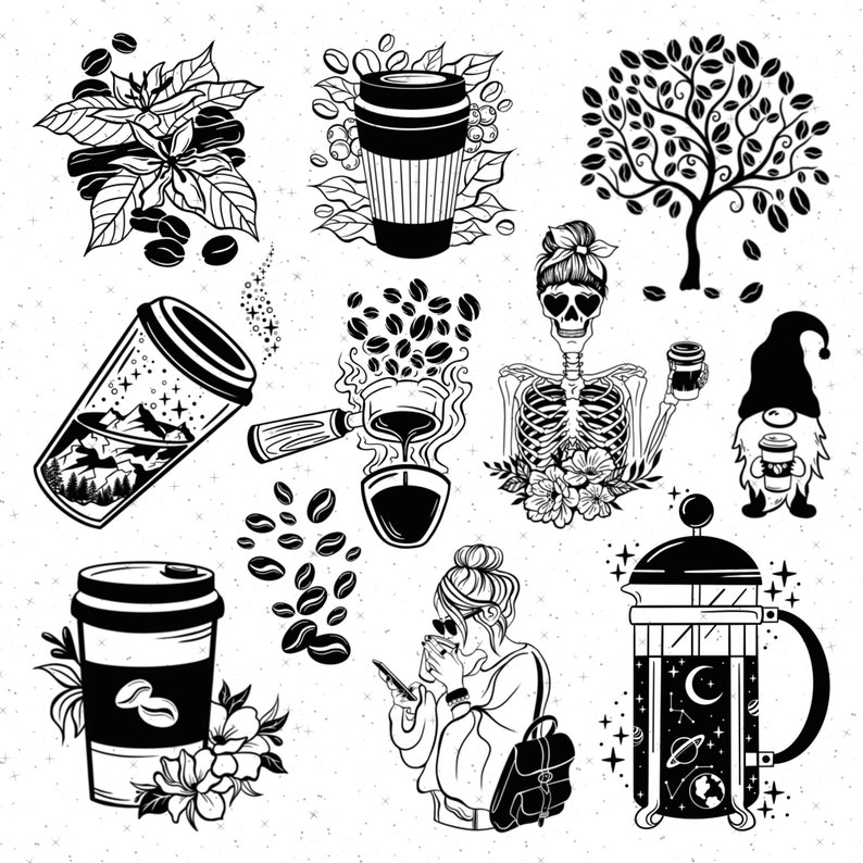 May include: Black and white illustration of coffee-themed images, including a coffee bean plant, a coffee cup, a coffee maker, a skeleton holding a coffee cup, a gnome holding a coffee cup, a woman drinking coffee, and a French press.