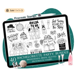 May include: A digital illustration of 40 black and white Procreate stamps for a hen party. The stamps include quotes, bridesmaids, and brides. The stamps are displayed on a tablet screen with a pink and white floral arrangement and champagne glasses in the foreground.