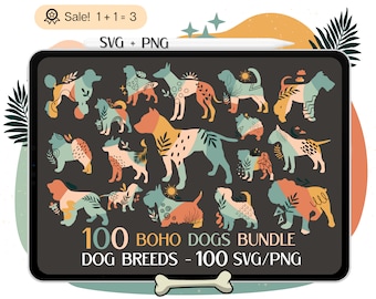 Lot de 100 Boho Dog Breed SVG, SVG de maman de chien, fichier SVG de chien pour Cricut, svg pour amoureux des chiens, svg papa chien, svg Boho, portrait de chien, dessin, clipart