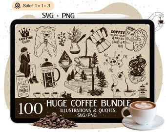 100 enorme koffie SVG-bundel, koffie SVG, koffiecitaten, koffiemok svg, koffiekopje svg, koffie gesneden bestand, ijskoffie svg, png-silhouet