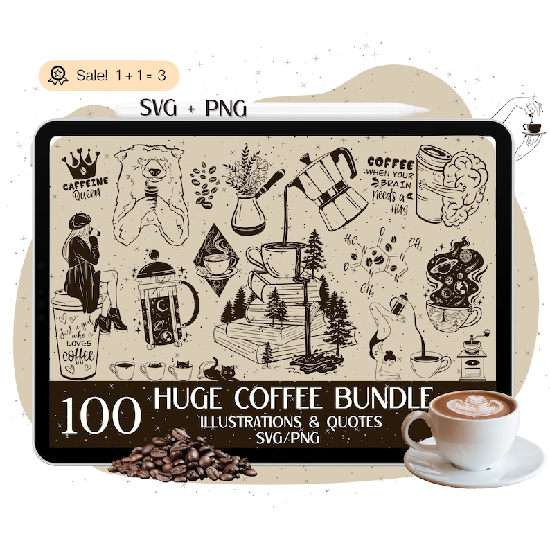 May include: A digital illustration bundle of 100 coffee-themed designs, including quotes, illustrations, and graphics. The designs are in black and white and feature a variety of coffee-related imagery, such as coffee cups, coffee beans, and coffee makers. The text "100 HUGE COFFEE BUNDLE" is displayed in large, bold letters at the bottom of the image.