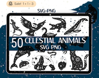 May include: A digital illustration of 50 celestial animal SVG and PNG files. The image shows a variety of animals, including an owl, a swan, a dolphin, a panda, a cat, an eagle, a hedgehog, a lizard, a crocodile, a whale, and a bat. Each animal is depicted with a celestial design, including stars, moons, and planets.
