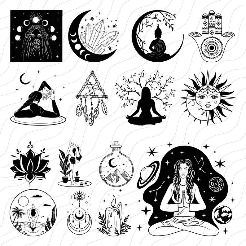 Pu&ograve; includere: Un set di 16 illustrazioni in bianco e nero che presentano vari simboli spirituali e mistici, tra cui un fiore di loto, un acchiappasogni, un cristallo, un sole e una luna, una mano di hamsa e una figura che medita.